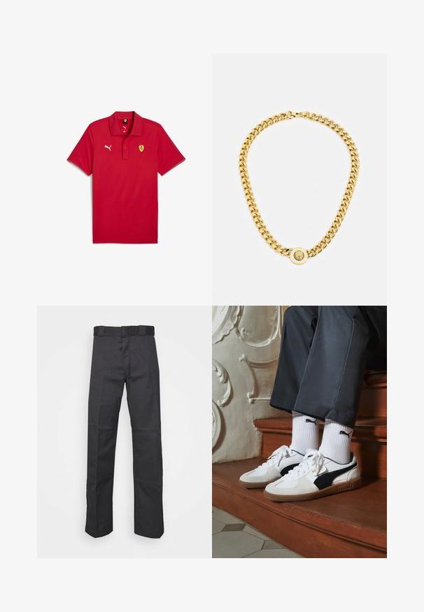 Rode polo shirt van gladde stof met een kraag, korte mouwen, Puma-logo en Ferrari-embleem op de linkerkant van de borst.; Zwarte broek van duurzaam materiaal, met een rechte pijpdesign, een tailleband met riemlussen en naden voor extra textuur.; Puma sneakers in wit en zwart suède, met een bruine rubberen zool. Gecombineerd met witte sokken met een zwart logo, gedragen met donkere broek.; Gouden ketting met grote onderling verbonden schakels, met een ronde hanger in het midden met een verhoogd embleem.