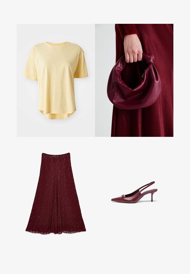Gul t-shirt med korte ærmer, afslappet pasform, rund halsudskæring, let buet kant og blød stoftekstur.; Lang burgunderfarvet blonde nederdel med A-line silhuet og semitransparent blomstermønster.; Bordeaux slingback højhælede sko med spids tå, lavet af læder. Har en dekorativ detalje på vampen og en 7,5 cm stilettohæl.; Bordeaux læderhåndtaske med et blødt, samlet design og en rund form. Håndtaget er sikret og viser en glat tekstur.