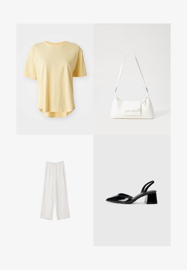 Žuta kratka majica s kratkim rukavima, opuštenog kroja, okruglog izreza, s lagano zakrivljenim rubom i mekanom teksturom tkanine.; Bijele hlače širokih nogavica napravljene od lagane tkanine. Imaju elastičan pojas s ušicom i bočne džepove. Glatka tekstura.; Crne lakirane kožne sandale s otvorenom petom i špicastim vrhom, s geometrijskom blok petom. Imaju elegantan, minimalistički dizajn i glatku teksturu.; Bijela sintetička torbica s trokutastim oblikom, ravnim prednjim poklopcem i detaljem u obliku mašne, podesivom remenom, glatkom teksturom i minimalističkim dizajnom.