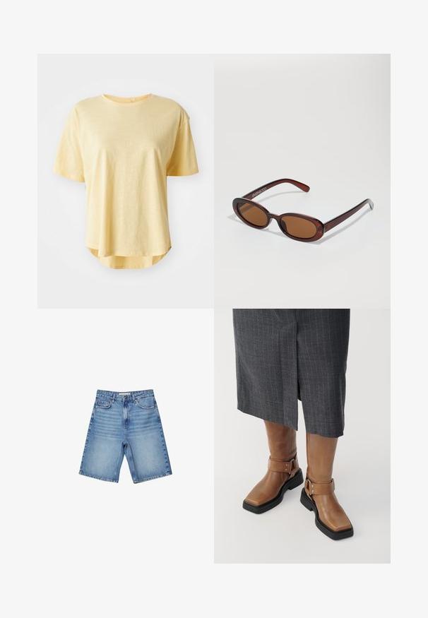 Žuta kratka majica s kratkim rukavima, opuštenog kroja, okruglog izreza, s lagano zakrivljenim rubom i mekanom teksturom tkanine.; Traperice kratke hlače u svijetloplavoj boji, s klasičnim dizajnom s pet džepova, zip zatvaračem i suptilnim izblijedjenjem. Ravnog kroja s porubljenim rubovima.; Smeđe kožne čizme do koljena s kvadratnim vrhom, crnim gumenim potplatom i detaljima s podesivom kopčom. U kombinaciji s sivoj suknji s prugama.; Okvir okruglih, smeđkastih sunčanih naočala s sjajnim burgundskim okvirom. Uski nositelji s suptilnim brendiranjem. Ravna leća.