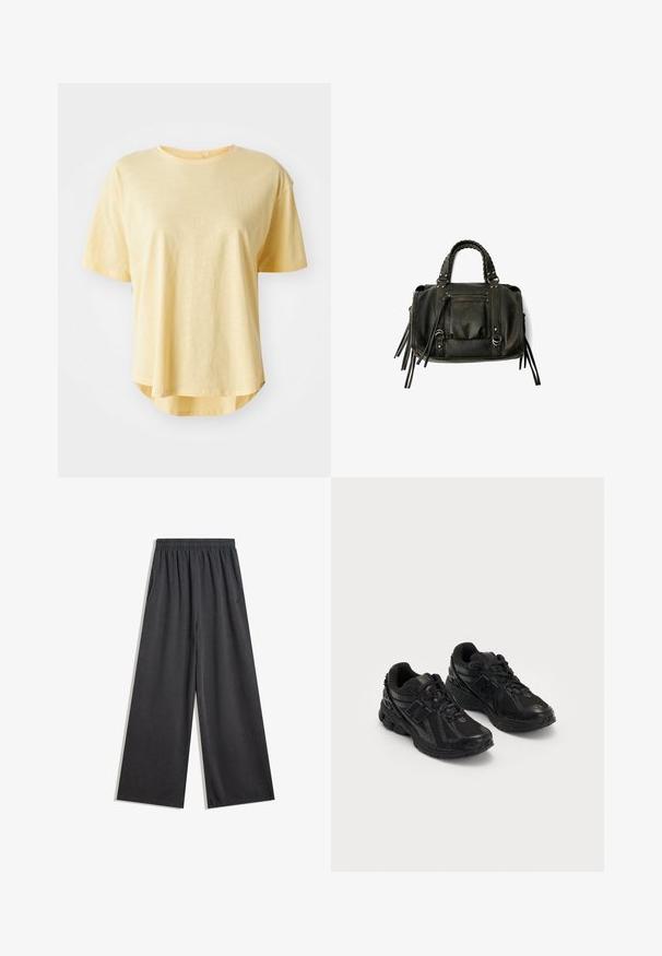 Geel T-shirt met korte mouwen, een relaxte pasvorm, ronde halslijn, licht gebogen zoom en een zachte textuur.; Zwarte wijde broek van zacht materiaal, met een elastische tailleband en zijzakken. Soepele textuur zonder zichtbare patronen of accenten.; Zwarte sportieve schoenen gemaakt van mesh en synthetische materialen. Beschikt over een gevoerde zool, textuurpatronen en reliëfbranding aan de zijkant.; Zwarte lederen handtas met gevlochten handvatten, ritsvak en hangende franjes. Gelaagde oppervlakte met metalen studs en hardwareaccenten.