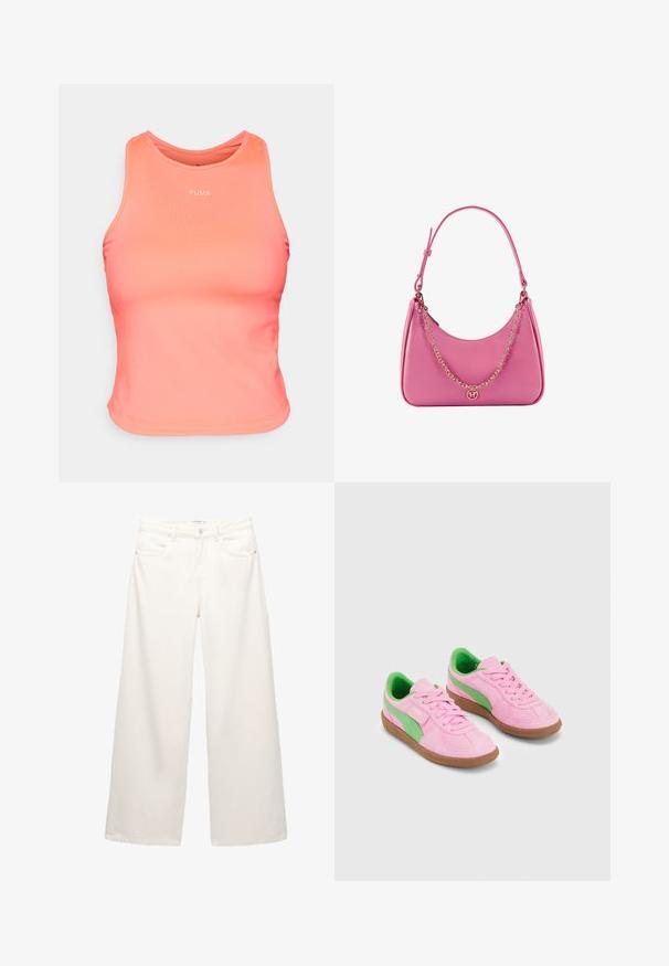 Rosa ärmelloses Sporttop aus glattem, elastischem Material. Hat einen runden Halsausschnitt und ein kleines weißes "PUMA"-Logo auf der Vorderseite.; Weiße, weit geschnittene Jeans aus Denim mit hoher Taille, ausgestattet mit Vordertaschen und Metallbeschlägen am Knopf- und Reißverschluss.; Rosa Wildledersneaker mit grünen Akzenten, runder Fußspitze, Schnürsenkeln, Gummisohle und Logodetail an der Seite. Weiche Textur und lässiges Design.; Rosa synthetische Schultertasche mit geschwungener Form, glatter Textur, abnehmbarem Kettenriemen und einem runden Logodetail auf der Vorderseite.