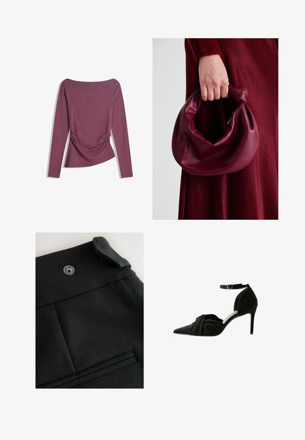 Long-sleeve mauve top with boat neckline, fitted waist with subtle ruching on both sides, shown flat against white background.; Black fabric garment featuring a flap, silver snap button, and flat pockets with clean stitching. Smooth texture with a tailored design.; Black suede high-heeled shoe with a pointed toe, knotted detail at the front, ankle strap, and a thin stiletto heel.; Burgundy leather handbag with a soft, gathered design and a rounded shape. The handle is secured, showcasing a smooth texture.