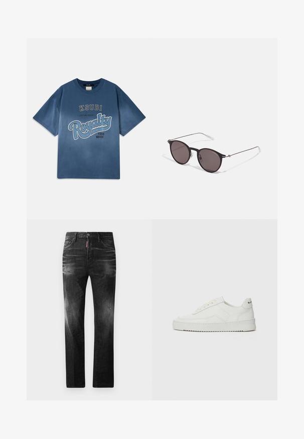Zila kokvilnas t-kreklis ar apaļu kaklu, īsām piedurknēm un priekšā esošu grafiku: "KSUBI ESTABLISHED Royalty 1999 NEVER."; Melni džinsi no denima ar taisnu piegriezumu. Iespējas ietver izbalējušas vietas, nelielas nodiluma pazīmes, klasisko piecu kabatu dizainu un pogu aizdari.; Baltas ādas sneakers ar gludu virsmu, apaļu pirkstu daļu, plakaniem šņorēm un teksturētu zoli. Satur diskrētu logotipu uz papēža.; Melni apaļi saulesbrilles ar tumšiem lēca un plānām metāla stangām. Iekļautas caurspīdīgas tempļu galviņas un sudraba akcenti pie eņģes. Minimalistisks dizains.