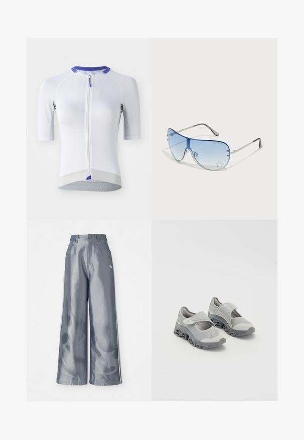 Vitt cykeltröja med korta ärmar, texturerad tyg, dragkedjestängning, lila krage accent och reflexdetaljer vid fållen.; Vida byxor i glänsande grått material, med vita sidosträck och en lågmönster på nederdelen av benen. Knappar och dragkedja vid midjan.; Grå lätta skor med detaljer i mesh och en dämpad mellansula. Har en krok-och-loop rem och rund tå med genomskärande sula.; Pilotglasögon med gradientblå linser, silverfärgad metallram och dekorativa stjärnaccenter på linserna. Snygg och elegant design.