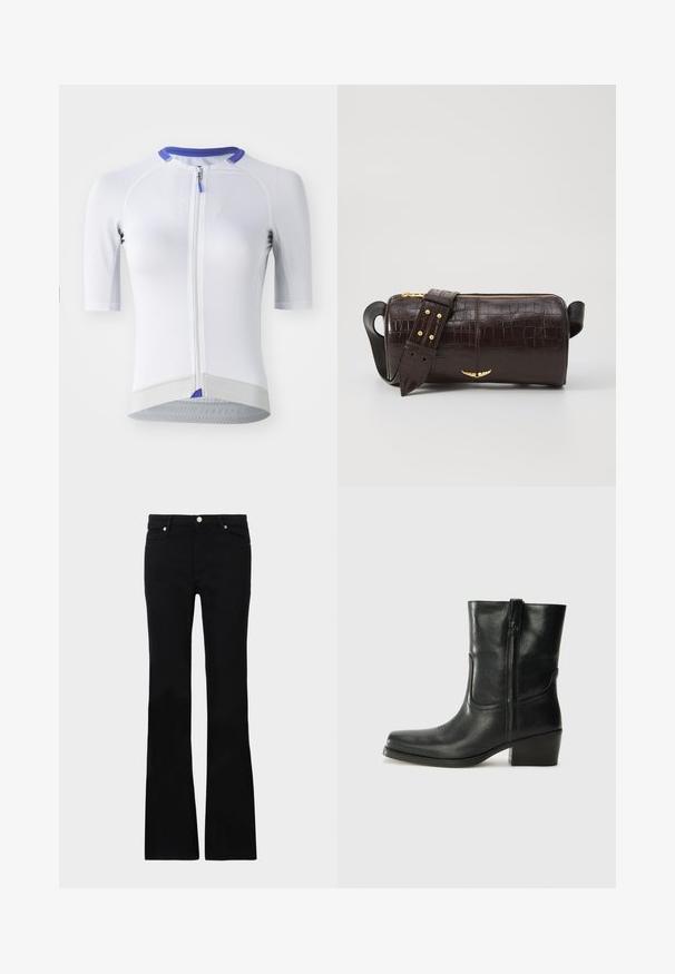 Bjela biciklistička majica s kratkim rukavima, teksturirana tkanina, zatvaranje na munje, ljubičasti akcent na ovratniku i reflektirajući detalji na rubu.; Crne široke traperice izrađene od denima, s dva prednja džepa, kopčanjem na dugme i glatkom teksturom. Potpisna šavova vidljiva na šavovima.; Crne kožne čizme do članaka s okruglim vrhom, blok potpeticom, bočnim patentnim zatvaračem i detaljima od šavova na gornjem dijelu. Glatka tekstura, klasičan dizajn.; Smeđa torba od kože s embosiranim krokodilskim uzorkom, cilindričnog oblika, zlatne hardverske detalje i odvojivu naramenicu sa čavlima.