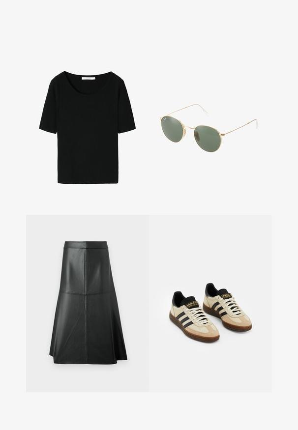 Sort ribbet strik t-shirt med bred rund halsudskæring og korte ærmer. Teksturen er blød og tætsiddende, velegnet til afslappet brug.; Sort læder A-linje nederdel, glat tekstur, midt på læggen, med vandret syninger ved taljen og sømmene for ekstra struktur.; Beige ruskinds atletik sko med sorte læderdetaljer, hvide snørebånd og brun gummisål. Tre sorte striber på hver side.; Gul metalrammede solbriller med grønne linser, rund form, tynde stænger og hvide plastdetaljer på spidserne af armene.