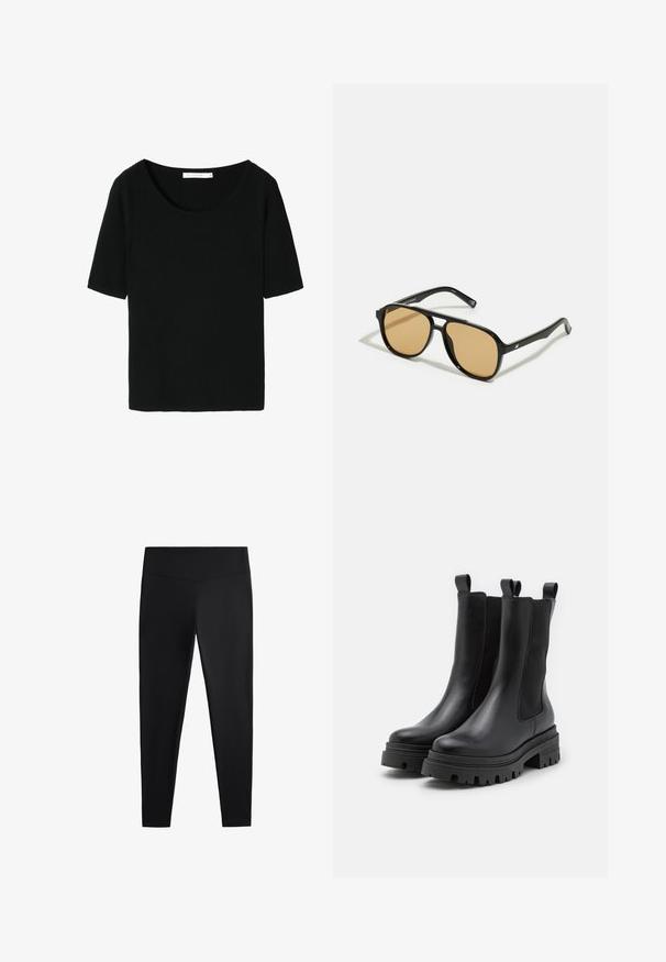 Czarny, prążkowany t-shirt z szerokim dekoltem w serek i krótkimi rękawami. Materiał jest miękki i dopasowany, idealny do codziennych stylizacji.; Czarne legginsy wykonane z gładkiego, elastycznego materiału. Posiadają szeroki pas oraz zwężany krój nogawek, odpowiednie zarówno do aktywności fizycznej, jak i na co dzień.; Czarne skórzane botki za kostkę z elastycznymi panelami bocznymi i pętelkami do zakładania. Masywne gumowe podeszwy z głębokimi wzorami bieżnika dla lepszej przyczepności.; Czarne okulary przeciwsłoneczne z brązowymi szkłami; prostokątny kształt z grubą oprawą, z delikatnymi akcentami na zausznikach.