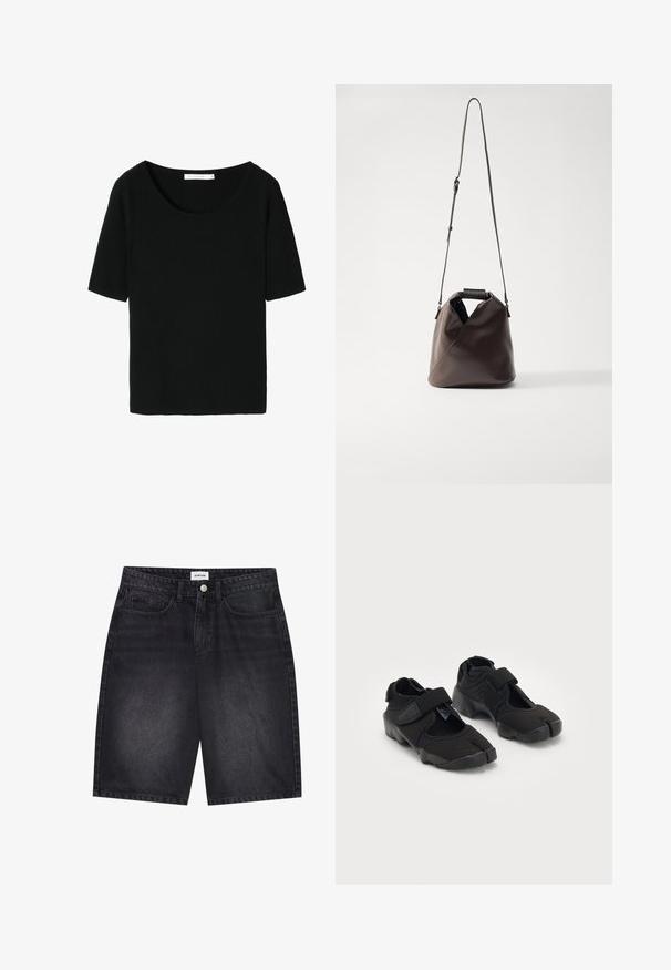 Sort ribbet strik t-shirt med bred rund halsudskæring og korte ærmer. Teksturen er blød og tætsiddende, velegnet til afslappet brug.; Sorte denimshorts med et klassisk design. Har fem lommer, frontknaplukning og syningsdetaljer. Glat tekstur og lige snit.; Sorte vandsko lavet af fleksibelt stof med en velcrorem, der har et unikt split-tå design og en tekstureret gummisål for bedre greb.; MM6 Maison Margiela JAPANESE CROSSBODY BAG - Håndtasker - bracken; Sølv Casio quartz ur med rektangulært ur, analog og digital visning, rustfrit stålarmbånd og vandafvisende egenskaber.