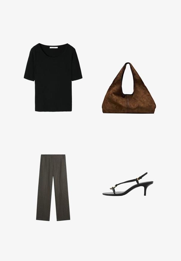 Czarny, prążkowany t-shirt z szerokim dekoltem w serek i krótkimi rękawami. Materiał jest miękki i dopasowany, idealny do codziennych stylizacji.; Ciemnoszare, szerokie spodnie wykonane z teksturowanej tkaniny, z dwiema bocznymi kieszeniami i wyraźnym przodem. Prosty, dopasowany design.; Czarne skórzane sandały na koturnie z cienkimi paskami, złotą klamrą i minimalistycznym pętelką na palce na białym tle.; Brązowa zamszowa torba na ramię z otwartą górą. Posiada głęboką, szeroką konstrukcję, uchwyt wycięty oraz minimalne przeszycia dla czystego designu.