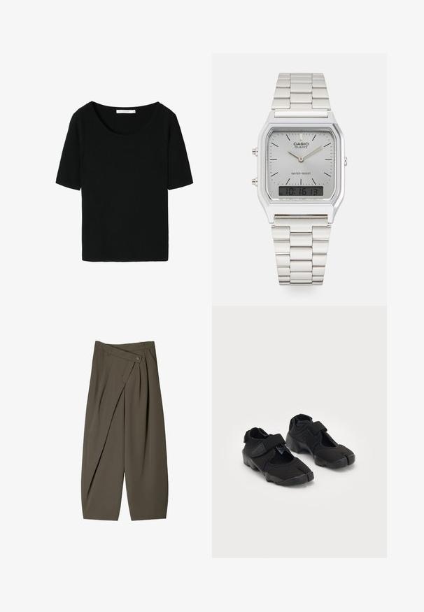 Sort ribbet strik t-shirt med bred rund halsudskæring og korte ærmer. Teksturen er blød og tætsiddende, velegnet til afslappet brug.; Bredde-bukser i mørke olivengrønne stoffer, med en plisseret frontdesign, en knaplukning og en poleret, struktureret overflade.; Sorte vandsko lavet af fleksibelt stof med en velcrorem, der har et unikt split-tå design og en tekstureret gummisål for bedre greb.; Sølv Casio quartz ur med rektangulært ur, analog og digital visning, rustfrit stålarmbånd og vandafvisende egenskaber.