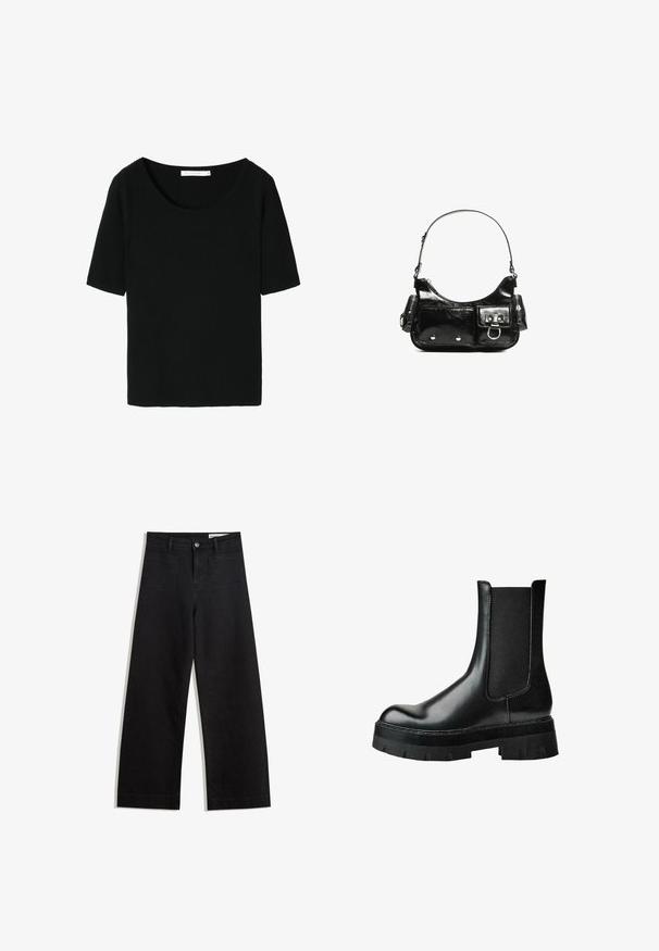 Sort ribbet kortærmet top med bred rund halsudskæring. Blødt stof med en tekstureret finish, designet til en afslappet pasform.; Sorte wide-leg denim bukser med høj talje, der har front- og baglommer, syede sømme og en knaplukning. Glat tekstur.; Sort læderankelstøvle med elastisk sidepanel, rund snude, kraftig platformssål og tekstureret overdel for ekstra greb.; Sort patenteret læder håndtaske med en buet form, en skulderrem, frontlommer og hardware accenter i sølvfarve.
