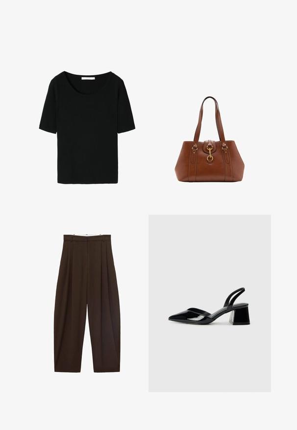 Černé pletené tričko se širokým kulatým výstřihem a krátkými rukávy. Textura je měkká a přiléhavá, ideální pro každodenní nošení.; Hnědé kalhoty s vysokým pasem a sklady, vyrobené z hladké látky. Volný střih, rovné nohavice, obsahující poutka na opasek a zip.; Černé lakované kožené lodičky na pásku s špičatou špičkou a geometrickým blokovým podpatkem. Vyznačují se elegantním, minimalistickým designem a hladkým povrchem.; Hnědá kožená kabelka s dvojitými popruhy, zaobleným tvarem, zlatými kovovými doplňky a centrálním detailem s přezkou. Hladký povrch s prošívanými akcenty.