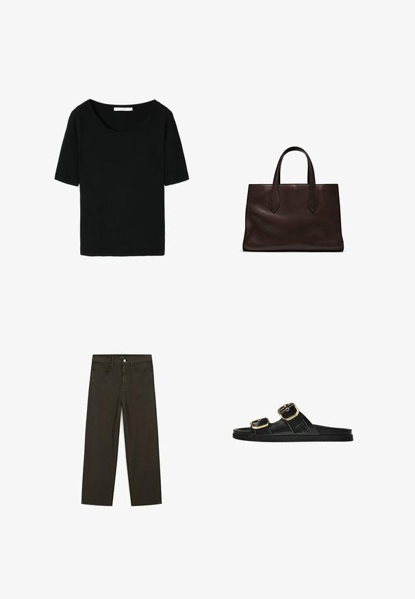 Top nero a maniche corte con costine e scollo ampio rotondo. Tessuto morbido con finitura testurizzata, progettato per una vestibilità comoda.; Jeans a gamba larga di colore verde scuro, realizzati in tessuto misto cotone, dotati di chiusura con bottone frontale, cinque tasche e cuciture classiche in denim.; Infradito neri con due accenti di fibbia dorata, materiale dalla texture liscia, suola piatta e design minimalista.; Borsa a spalla in pelle marrone con due manici lunghi, forma rettangolare strutturata, texture liscia e dettagli di cucitura sottili.