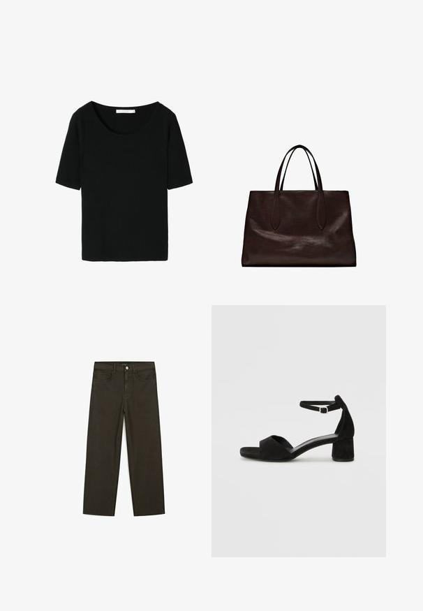 Schwarzes, geripptes Kurzarmoberteil mit weitem Rundhalsausschnitt. Weicher Stoff mit strukturierter Oberfläche, entworfen für eine lässige Passform.; Dunkelgrüne Jeans im weit geschnittenen Style, hergestellt aus einem Baumwollgemisch. Sie verfügen über einen Frontknopfverschluss, fünf Taschen und klassische Denim-Nähte.; Schwarze Wildleder-Espadrilles mit einem dünnen Knöchelriemen, offener Zehenpartie und moderatem Blockabsatz. Glatte Textur und minimale Akzente.; Massimo Dutti Handtasche - brown