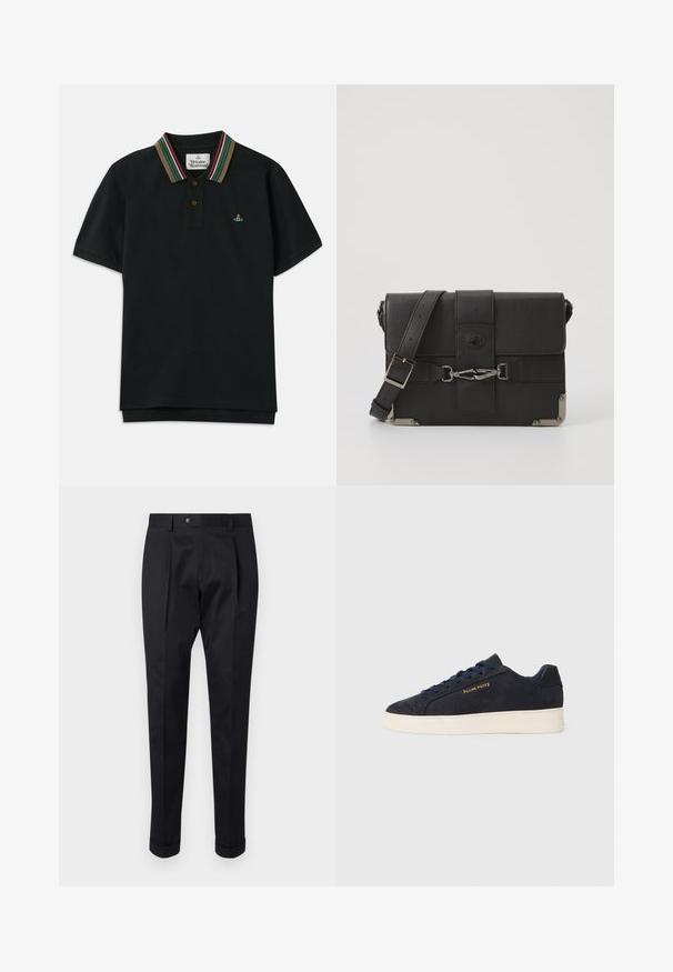 Črna polo majica z večbarvnim prugastim ovratnikom. Ima tri gumbe spredaj in izvezeno logo na levem prsnem delu. Narejena je iz bombaža.; Črne hlače iz gladkega materiala, z zavihkom spredaj, gumbom za zapiranje in zvitim robom ob gležnjih.; Mornarsko modre semiš nizke superge z belim podplatom, mornarskimi vezalkami in z zlatim logotipom "Filling Pieces" na strani.; Crna usnjena torba za pošto z teksturno površino, kovinski dodatki, nastavljiv trak in pokrov z detajli z zaponko.