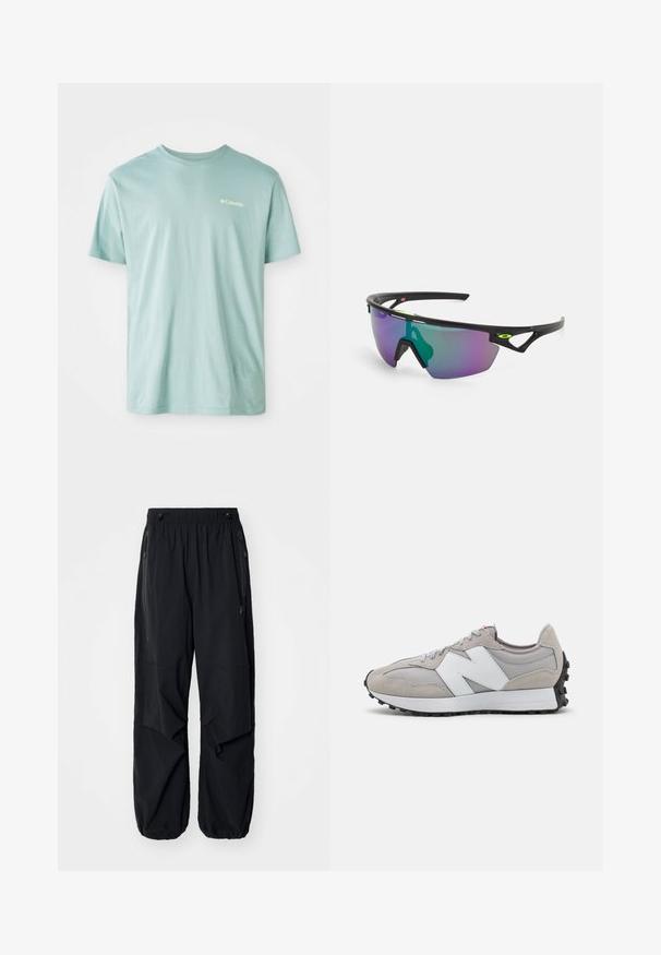 Light blue cotton t-shirt with short sleeves, round neckline, and a small white logo on the chest. Soft texture, casual fit.; Black lightweight cargo pants with an elastic waistband, side zippers, and spacious pockets. Features a loose fit and tapered cuffs.; Gray sneaker with mesh and suede materials, featuring a white side logo, gray laces, and a black rubber outsole.; Sport sunglasses with a black frame, large gradient lens featuring purple and green hues, and angular design accents with logo detail.