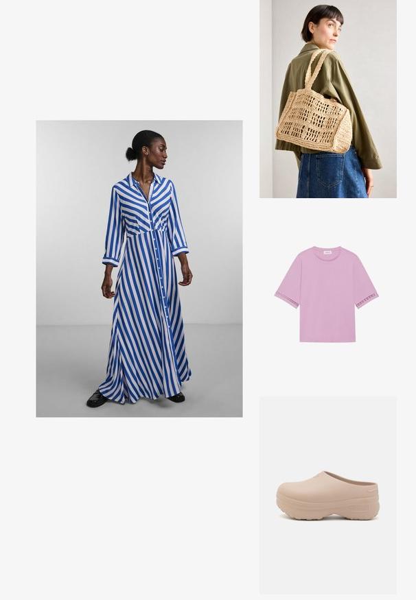Růžové tričko s krátkým rukávem vyrobené z jemné látky, s krajkovými detaily na manžetách a klasickým kulatým výstřihem.; Dlouhé košilové šaty s modro-bílými vertikálními pruhy, dlouhými rukávy, límečkem a splývavou sukní. Hladká tkanina s volným střihem.; Světle růžové gumové sabo s hladkým, zaobleným designem. Obsahují texturovanou podrážku pro lepší přilnavost a embosované logo na boku.; Hnědá tkávaná háčkovaná taška v obdélníkovém tvaru, se dvěma širokými ušima a otevřeným mřížkovým vzorem. Design obsahuje texturovanou látku a prostorný vnitřek.