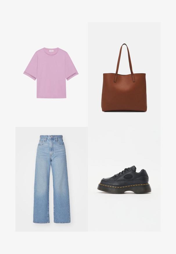 Różowa koszulka z krótkim rękawem, uszyta z miękkiego materiału, z koronkowymi detalami na mankietach oraz klasycznym okrągłym dekoltem.; Jasnoniebieskie jeansy z wysokim stanem i szerokimi nogawkami, z zapięciem na guziki i zamek z przodu, przednie i tylne kieszenie, na białym tle.; Czarne skórzane sneakersy o fakturowanym wykończeniu, okrągłym nosku i grubym, platformowym podłożu. Posiadają żółte akcenty w przeszyciach oraz logo marki po bokach.; Brązowa skórzana torba tote o gładkiej fakturze, z otwartym wierzchem i dwoma ramiączkami. Charakteryzuje się minimalnym przeszyciem i brakiem widocznych elementów metalowych.