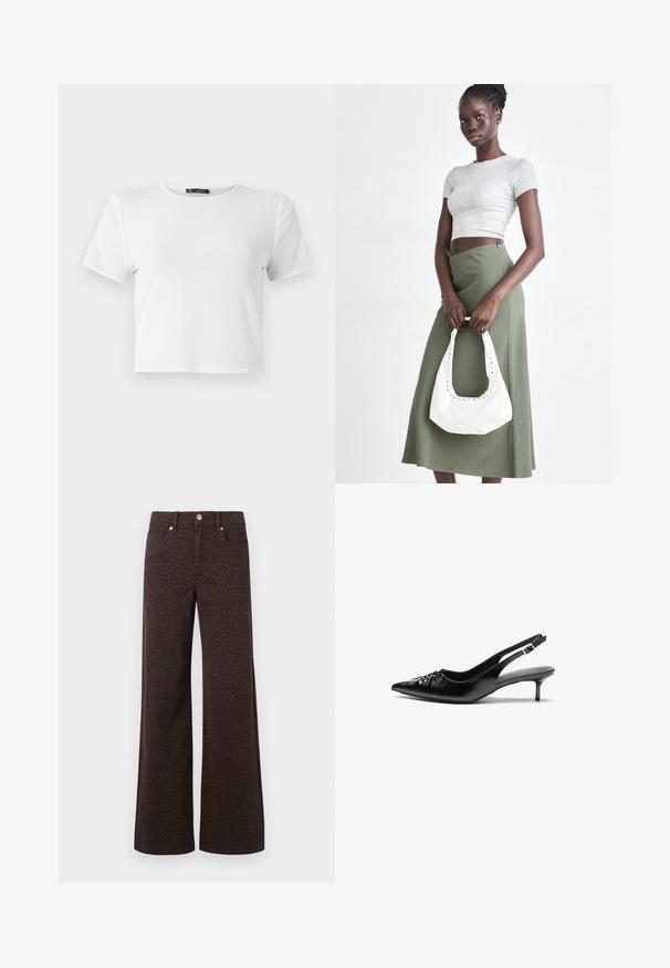 Tricou alb scurt cu mâneci scurte, guler rotund și o textură netedă. Cusături întărite pe margini. Design simplu, fără modele.; Jeans maro cu picioare largi, având un model subtil de leopard, confecționați din denim cu o textură netedă și un design clasic cu cinci buzunare.; Cizme slingback din piele neagră, cu vârf ascuțit, toc mic de tip kitten heel și un detaliu decorativ sub formă de nod în față. Textură netedă pe întreaga suprafață.; Crop top griș cu dungi și fustă verde măsliniu cu talie înaltă. Modelul ține o geantă albă de umăr cu detalii tăiate. Design simplu, siluetă ajustată.
