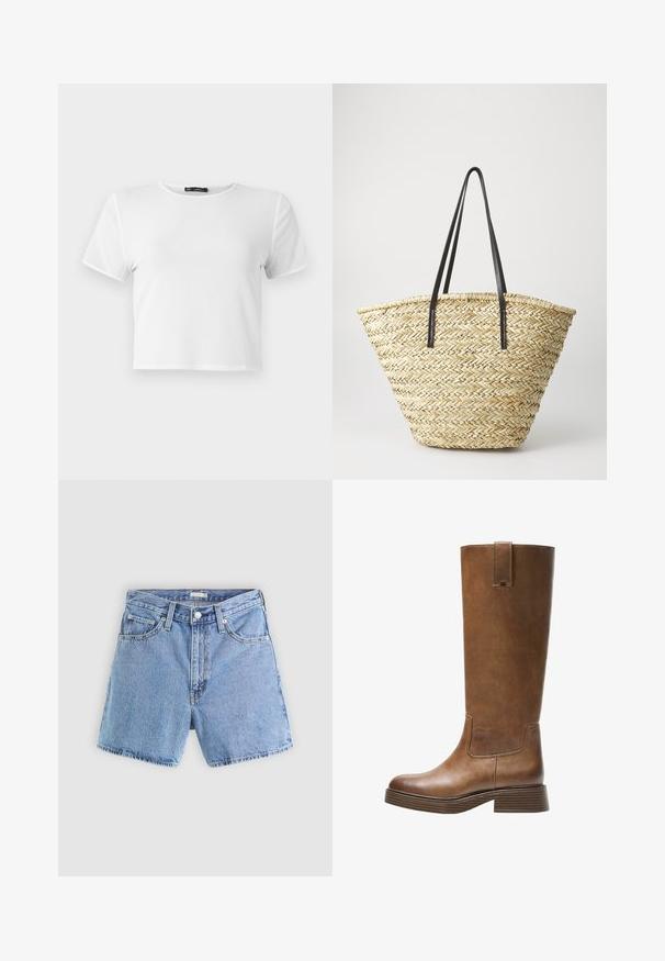 Bílé zkrácené tričko s krátkým rukávem, kulatým výstřihem a hladkým povrchem. Zpevněné švy podél okrajů. Jednoduchý design, bez vzorů.; Světle modré džínové šortky s vysokým pasem, pěti kapsami, viditelným prošíváním a roztrženým lemem. Obsahují zapínání na knoflík a zip.; Hnědé kožené vysoké boty na kolena s kulatou špičkou, texturovaným povrchem a nízkým patem s podstavcem. Obsahují boční panel a poutko na horní části.; Tkaná slámová taška s širokým, zúženým tvarem, se dvěma černými koženými uchy. Přírodní béžová barva s texturovaným povrchem.