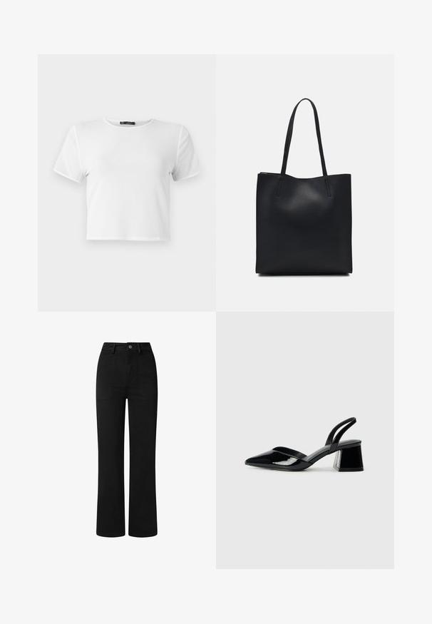 Balta trumpa marškinėliai su trumpomis rankovėmis, apvaliu iškirpimu ir glotna tekstūra. Sustiprinti siūlės pakraščiuose. Paprastas dizainas, be raštų.; Juodos, aukšto juosmens kelnės su tiesioginiu pjūviu, pagamintos iš lygaus medvilnės audinio. Yra priekinių kišenių ir paprastas metalinis mygtuko užsegimas.; Juodos lakuotos odinės šlepetės su smailiu pirštu ir geometriniu bloko kulnu. Turi elegantišką, minimalistinį dizainą ir lygų paviršių.; Juodas odinis tote krepšys su lygia tekstūra, stačiakampio formos ir dviem ilgais rankenomis. Matomų metalinių detalių ar puošybos nėra.