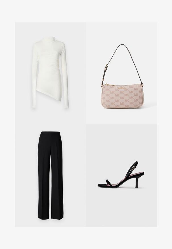 Valkoinen pitkähihaisella topilla, jossa on korkea kaula-aukko, epäsymmetrinen helma ja pehmeästi laskeutuva strukturipinta. Suora ja istuva muoto.; Mustat leveälahkeiset housut, joissa on sileä pinta, korkea vyötärö ja keskiset laskokset. Ei näkyviä kuvioita tai metalliosia.; Mustat mokkanahkaiset naisten korkokengät ohuilla remmeillä ja kultaisella soljella valkoista taustaa vasten, sivukuva.; Vaaleanpunainen olkalaukku, jossa on teksturoitu kangas ja MK-logopainatus, kultainen vetoketjusuljenta ja tummanruskea säädettävä hihna.
