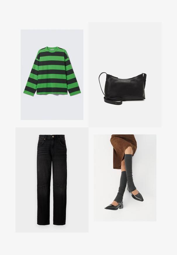T-shirt a maniche lunghe con audaci righe orizzontali verdi e nere, realizzato in tessuto morbido con vestibilità comoda e scollatura rotonda.; Jeans in denim nero con una vestibilità dritta, cinque tasche, chiusura con bottone e leggere sfumature sulle cosce e sulle ginocchia.; Scarpe nere in pelle verniciata con punta affilata, tacco a blocco e cinturino alla caviglia, abbinate a scaldamuscoli grigi a coste e una gonna in suede marrone.; Borsa a spalla in pelle nera con una texture liscia, forma curva, tracolla regolabile e chiusura con zip. Design minimalista senza ornamenti.