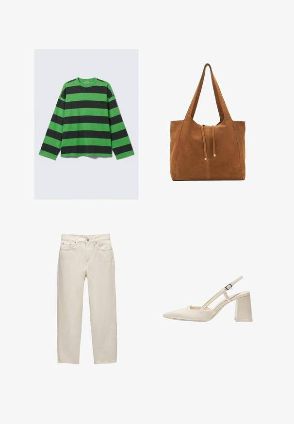 T-shirt à manches longues avec de larges rayures horizontales vertes et noires, fabriqué en tissu doux avec une coupe décontractée et un col rond.; Jeans en denim blanc avec une coupe décontractée, présentant une jambe droite, un design à cinq poches et des accessoires en métal avec une texture subtile.; Chaussures slingback beiges avec un embout pointu, finition laquée brillante, talon intermédiaire et bride réglable. Design minimaliste avec des côtés ouverts.; Sac fourre-tout en suède marron avec une large ouverture, des sangles allongées et une fermeture à cordon avec des accents métalliques. Texture lisse avec des coutures minimales.