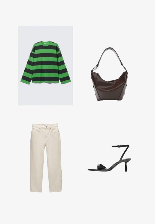 Hosszú ujjú póló, amely merész zöld és fekete vízszintes csíkokkal készült, puha anyagból, laza szabással és kerek nyakkivágással.; Fehér farmernadrág laza szabással, egyenes szárral, öt zsebes kialakítással, valamint finom textúrájú fém kiegészítőkkel.; Bershka Magas sarkú szandálok - black; Sötétbarna bőr kézi táska ívelt formával, cipzáras záródással és rövid fogantyúval. Fém kiegészítőkkel és dekoratív fekete gombokkal rendelkezik az oldalon.