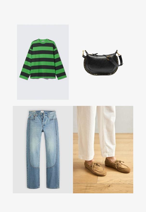 Majica dugih rukava s hrabrim zelenim i crnim horizontalnim prugama, izrađena od mekanog materijala s opuštenim krojem i okruglim izrezom.; Svijetloplave traperice s ravnim, opuštenim krojem, s kontrastnim panelima i dizajnom od pet džepova. Zatvaranje na gumb.; Smeđe nubuk čamac cipele s vezicama, s okruglim vrhom i šivenim detaljima. Nosi se s bijelim kudravo hlačama u drvenom okruženju.; Crna kožna torba s zakrivljenim oblikom, zlatnim zakovicama duž ruba, podesivim remenom i bočnom petljom za dodatni detalj.