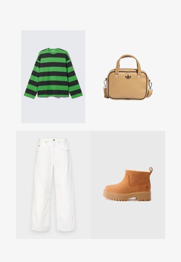 Garais krekls ar garām piedurknēm, kas rotāts ar izteiksmīgām zaļām un melnām horizontālām svītrām, izgatavots no mīksta auduma, ar brīvu piegriezumu un apaļu dekoltē.; Balti džinsu platā kāju bikses ar augstu jostasvieta, divām priekšējām kabatām un metāla aksesuāriem. Raksturo tīrs apdare un minimālistiska dizaina pieeja.; Brūni ādas potītes zābaki ar teksturētu virsmu, biezu platformu un robustu zoli. Iekšpusē ir šērlinga oderējums un aizmugurējā cilpa.; Dzeltenīgi brūna vegānu ādas soma ar divām rokturēm, noņemamu plecu siksnu, melniem akcentu izšuvumiem un mazu melnu logotipu priekšpusē.