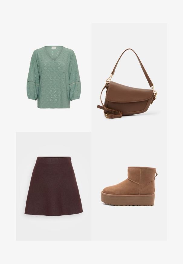 Kaffe KATYRA - Blusa - green bay cc; Falda de punto burdeos con un diseño acampanado, cinturilla ancha y textura suave, que presenta un color sólido sin patrones ni acentos.; Botín de ante en color marrón claro con suela de plataforma, punta redondeada y detalles de costura; cuenta con una lengüeta en la parte trasera para facilitar su uso.; Bolso de hombro de cuero marrón con acabado texturizado, forma curvada, herrajes en tono dorado, correa ajustable y cierre de solapa.