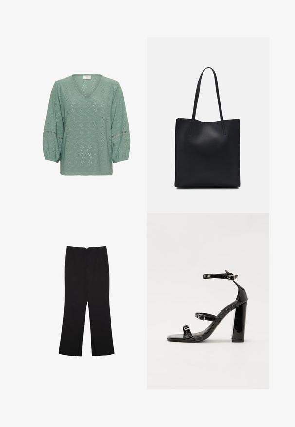 Kaffe KATYRA - Bluza - green bay cc; Črne hlače ravnega kroja z naglavnimi žepi in stranskimi razporki na robu. Narejene iz mehke, gladke tkanine. Primerne za različne priložnosti.; Črne lakirane sandale s peto, kvadratnim prstom, trakovi okrog gležnja in srebrnimi zaponkami. Opremljene so s stabilno Debelo peto.; Črna usnjena torba s svilnato teksturo, pravokotne oblike in dvema dolgima ročajema. Brez vidnih metalnih delov ali okrasnih elementov.