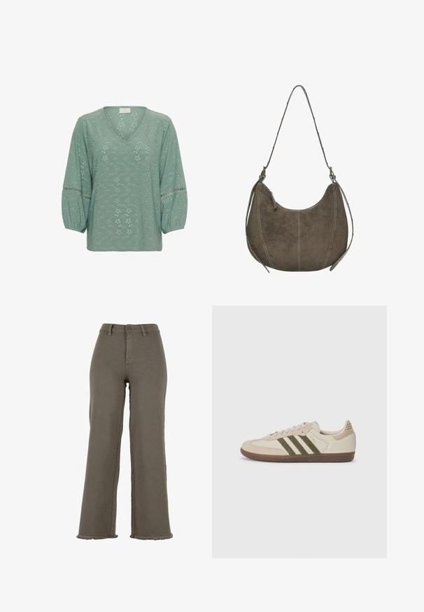 Kaffe KATYRA - Blouse - green bay cc; Olijfgroene wijde denim broek, met een knoopsluiting, rafelige zoom en voorzakken. Gladde textuur overal.; adidas Originals SAMBA OG UNISEX - Sneakers laag - alumina/medium dark khaki/gum; Bruin suede hobo tas met een gebogen vorm, contrasterende stiksel, enkele schouderriem en ritsafwerking. Over het algemeen een gladde textuur.