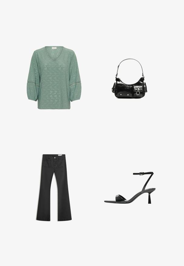 Kaffe KATYRA - Bluza - green bay cc; Črne flare traperke z gladko teksturo, opremljene z dvema zadnjima žepoma in gumbnim zapiranjem v pasu.; Bershka Sandali z visoko peto - black; Črna lakasta usnjena torbica s ukrivljeno obliko, enim ramenskim trakom, sprednjimi žepi in srebrnimi kovinskimi dodatki.