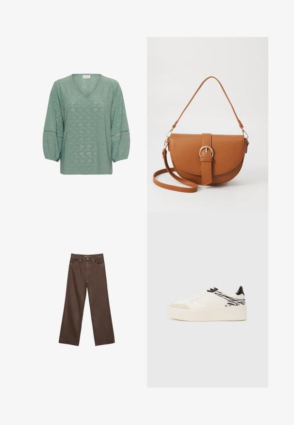Kaffe KATYRA - Bluse - green bay cc; Weite braune Jeans aus Denim, mit hoher Taille, Fronttaschen und klassischem Knopfverschluss. Glatte Textur mit feinen Nähten.; Even&Odd Sneaker low - white/black; Braune Leder-Crossbody-Tasche mit geschwungener Form, goldfarbenen Beschlägen und einer Schnallenakzentuierung. Verfügt über einen abnehmbaren Schultergurt.