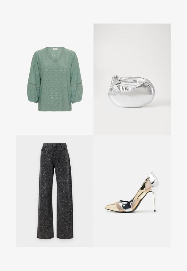 Kaffe KATYRA - Bluza - green bay cc; Noisy May NMJANNEL LOOSE - Široke kavbojke - black denim; Čevlji z visoko peto in konico, v barvni kombinaciji srebrne, zlate in nude. Sijajna obdelava z izrezljanim dizajnom, z igličasto peto.; Srebrna kovinska torbica z mehko, zaobljeno obliko in zavezano zgornjo zaporo. Narejena iz gladkega umetnega usnja.; Srebrne uhane v obliki obroča z minimalističnim dizajnom. Krožna oblika, gladka tekstura in tanek profil. Lahki s poliranim zaključkom.