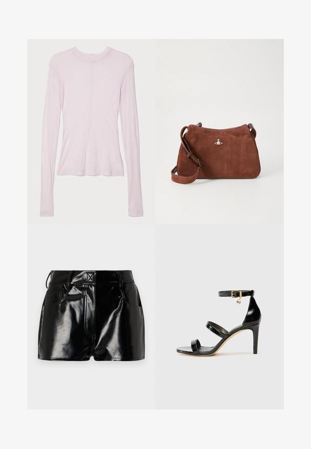 BITE Studios CREW NECK - Long sleeved top - rose; Black leather shirt with a button-up front, pointed collar, and two chest pockets. Features a loose fit and smooth texture.; Black, glossy shorts made of synthetic material. Features a fitted waist, belt loops, and front pockets with prominent stitching details.; Black patent leather sandal with three straps, ankle buckle, and 4-inch stiletto heel. Features gold hardware detail and logo charm.; Brown suede handbag with a zip closure, adjustable shoulder strap, and silver hardware accent, featuring a subtle textured surface.