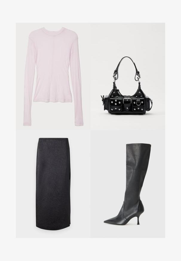 BITE Studios CREW NECK - Hosszú ujjú felső - rose; Fekete midi szoknya gyűrött textúrával, egyenes szabással és oldalsó hasítékkal. Az anyag könnyűnek tűnik. A szoknya alja kissé kerekített.; Térd fölötti fekete bőr csizmák hegyes orral és karcsú stiletto sarkal. Simább textúrájúak, jól illeszkedő kialakítással és varrással a tetején.; Fekete bőr kézitáska ívelt designnal, ezüst szegecsekkel, csattal és két oldalsó zsebbel. Állítható vállpánt a hordozási lehetőségekhez.