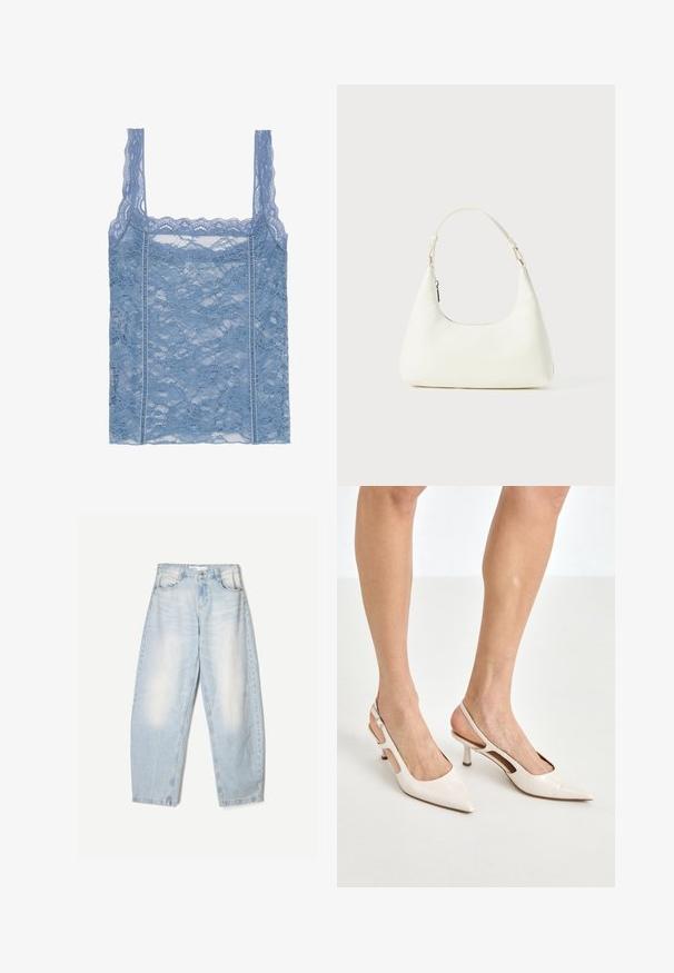 Lyseblå blonde top med tynde stropper, der har en bølget blondekant og blomstermotiv, designet til en tætsiddende silhuet.; Hvid skjorte med knapper, klassisk krave, lange ærmer og en afslappet pasform. Fremstillet af letvægtsstof med en glat tekstur.; Lyseblå denimbukser med en loose fit, der har en falmet finish, to forlommer og en knaplukning i taljen.; Beige patenterede læder slingback hæle med spids tå og 5 cm hæl, med udskårne sider og en tynd ankelrem.; Lille hvid skuldertaske med en enkelt justerbar rem og en lynlåslukning, sat mod en ensfarvet hvid baggrund.