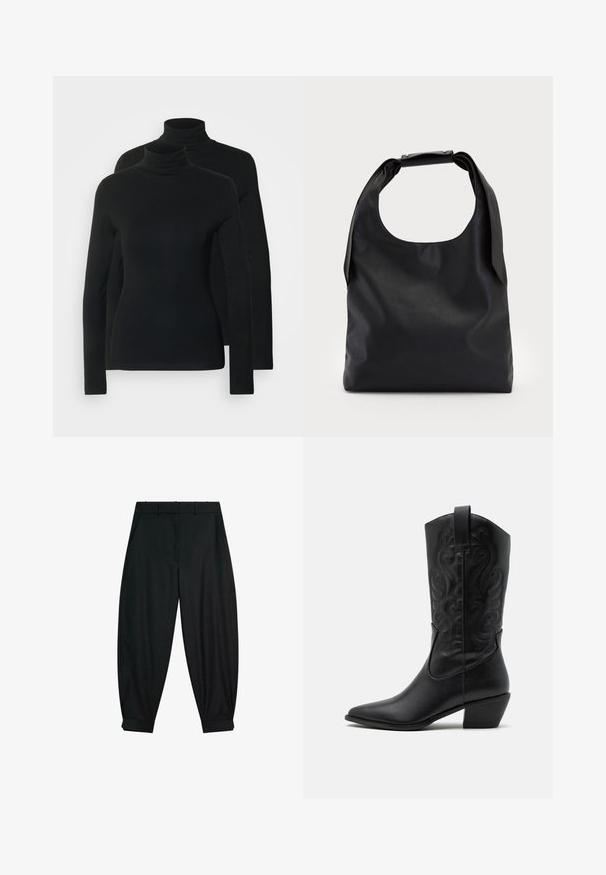 Zwei mehrfarbige Langarm-Turtlenecks in reinem Schwarz, aus einem weichen, elastischen Stoff mit passgenauen Design und nahtlosem Ausschnitt.; Schwarze, maßgeschneiderte Hosen mit einer glatten Textur, ausgestattet mit einem Knopfverschluss, zwei Seitentaschen und aufgeschlagenen Säumen für eine schmal zulaufende Passform.; Schwarze Leder-Cowboy-Stiefel mit spitzem Zeh, geprägten, wirbelnden Mustern und einem mittelhohen Absatz. Mit einem Zuglasche für einfaches An- und Ausziehen.; Schwarze Leder-Hobo-Tasche mit einem einzelnen, weichen, abgerundeten Griff; verfügt über eine glatte Textur und ein minimalistisches Design. Keine sichtbaren Beschläge oder Akzente.