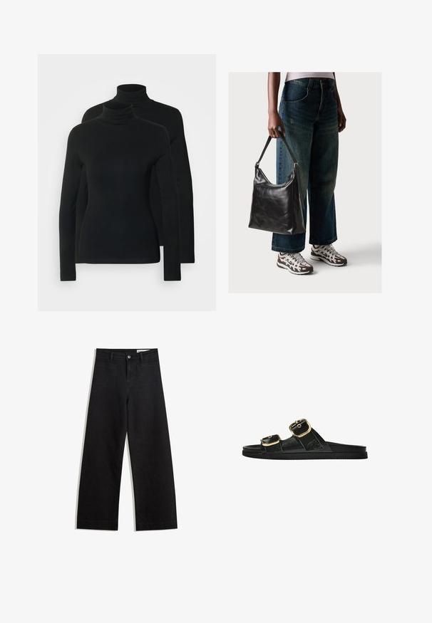 Két hosszú ujjú, fekete garbó, puha, rugalmas anyagból készült, szoros fazonú és varrás nélküli nyakkal.; Fekete, bő szabású farmernadrág magas derékkal, elülső és hátsó zsebekkel, varrott felületekkel és gombos záródással. Sima textúra.; Fekete csúszó szandál, két arany csattal, sima textúrájú anyagból, lapos talppal és minimalista dizájnnal.; Fekete bőr válltáska sima textúrával és állítható pánttal, melyet elnyűtt, bő szárú farmernadrággal és sportcipőkkel párosítottak.