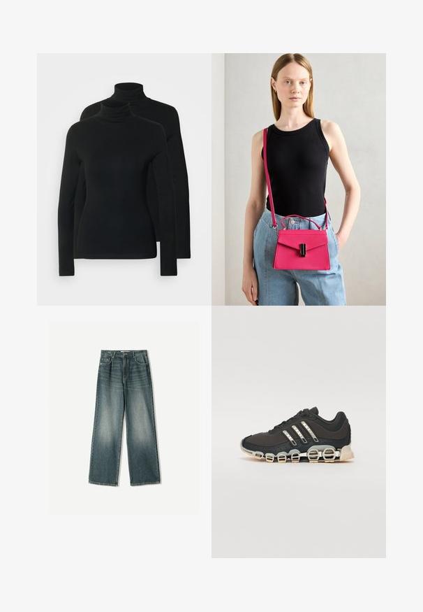 Zwei mehrfarbige Langarm-Turtlenecks in reinem Schwarz, aus einem weichen, elastischen Stoff mit passgenauen Design und nahtlosem Ausschnitt.; weit geschnittene Jeans aus Denim in blasser blauer Waschung, ausgestattet mit fünf Taschen, einem Knopfverschluss und subtilen Ausbleichungen auf der Vorderseite.; Schwarzer Sportschuh mit einer strukturierten Oberseite, drei silbernen Streifen und einer markanten Dämpfungssohle mit mehreren integrierten Sektionen.; Rosa strukturierte Handtasche mit Klappenverschluss und schwarzen Akzenten. Als Umhängetasche mit langem Tragegurt getragen. Glatte Textur.