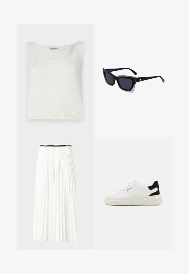 Valge ilma varrukateta särk, mis on valmistatud kudumkangast, millel on ümar kaelus ja soonik äärestus. Esipinnal on reljeefne "GUESS JEANS" logo.; Kurtitudega valge seelik musta elastse vööga, millel on "LACOSTE" logo. Keskmise pikkusega disain pehme tekstuuriga.; Valged nahast tennisetossud paksu valge tallaga, musta sametist kontsakeeuga ja külje peal riigilogo reljeefne kujundus. Lukkeskeem kuue silmaauguga.; Mustad suured mustad prillid geomeetrilise kujuga, tumedate läätsedega ja kontrastse halli detailiga raamidel. Logo käe peal.