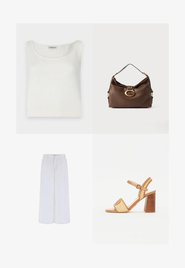 Witte mouwloze top van gebreide stof met een ronde hals en geribbelde zoom. Kenmerkt zich door het reliëf "GUESS JEANS" logo op de voorkant.; Witte wijde broek met een gladde textuur, featuring twee frontzakken en een knoopsluiting, ontworpen voor een relaxte pasvorm.; Bruine leren en geweven rieten sandalen met hak, voorzien van een enkelbandje, open teen en een chunky houten hak met horizontale strepen.; Bruine leren handtas met een textuurafwerking, voorzien van een gouden sluiting en een enkele, gebogen schouderriem.
