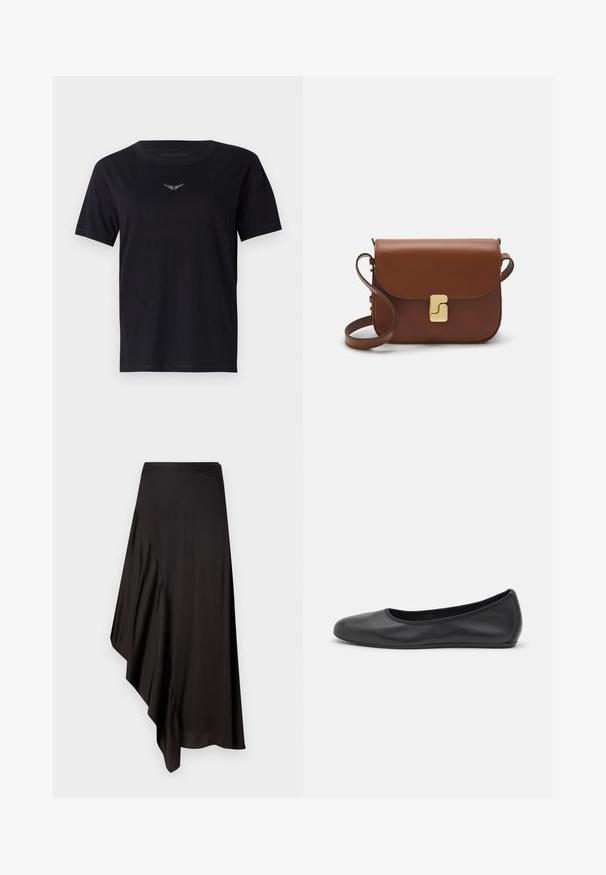 Must mustra t-särk, lühikeste varrukatega, ümar kaelus ja rinna kohal peen, tekstureeritud hõbedane logo. Sile kangaste viimistlus.; AERON ASTER SKIRT - Pliiatsseelik - black; Musthave mustika tantsutossud mustast nahast, ümmarguse varbaga, siledast tekstuurist, minimaalse õmblusdetailiga ja paindliku tallakujundusega.; Pruunist nahast käekott, millel on klapiga sulgur, kuldne riistvara, õlarihm ja sile tekstuur. Kompaktne ristkülikukujuline vorm.