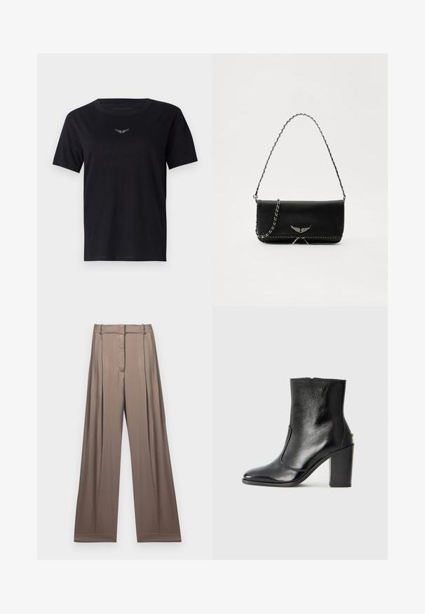 Black cotton t-shirt with a crew neck, short sleeves, and a subtle, textured logo in silver at the chest. Smooth fabric finish.; Wide-leg trousers in a muted taupe color, made of smooth fabric with a satin finish. Features a tailored waistband and subtle pleats.; Black leather ankle boot with a smooth texture, pointed toe, and a chunky high heel. Features a side opening and minimalistic design.; Black leather handbag with a silver chain strap, featuring decorative wing accents and white stitching along the bottom seam.