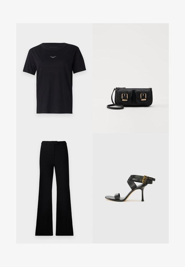 Czarna bawełniana koszulka z okrągłym dekoltem, krótkimi rękawami oraz subtelnym, teksturowanym logo w srebrnym kolorze na piersi. Gładkie wykończenie materiału.; Czarne rozszerzane spodnie o gładkiej fakturze, z dopasowaną talią i kieszeniami z przodu, zaprojektowane w eleganckim, nowoczesnym stylu.; Czarne sandały na obcasie z krzyżującymi się paskami i regulowanym zapięciem. Charakteryzują się gładką teksturą i zwężanym obcasem w kształcie szpilki.; Czarna skórzana torba na ramię z dwoma przednimi kieszeniami, złotymi klamrami, zamkiem błyskawicznym i cienkim paskiem. Teksturowana powierzchnia i kompaktowy prostokątny kształt.