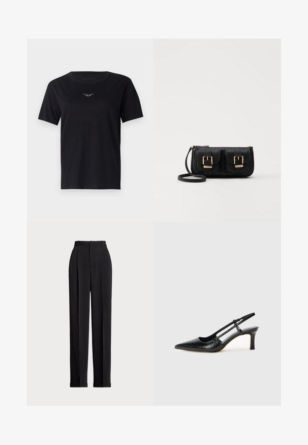 Crna pamučna majica s okruglim izrezom, kratkim rukavima i suptilnim, teksturiranim logotipom u srebrnoj boji na prsima. Glatka tkanina.; Crne krojene hlače s visokim strukom, s naborima sprijeda, ravnim krojem i običnim rubom. Izrađene od glatkog materijala.; Crne lakirane slingback pete s oštrim vrhom, s teksturiranim uzorkom zmijske kože, podesivom remenom i kratkom, teksturiranom blok-petom.; Crna kožna torba preko ramena s dva prednja džepa, zlatnim kopčama, zatvaranjem na zip i uskim remenom. Teksturirana površina i kompaktan pravokutan oblik.
